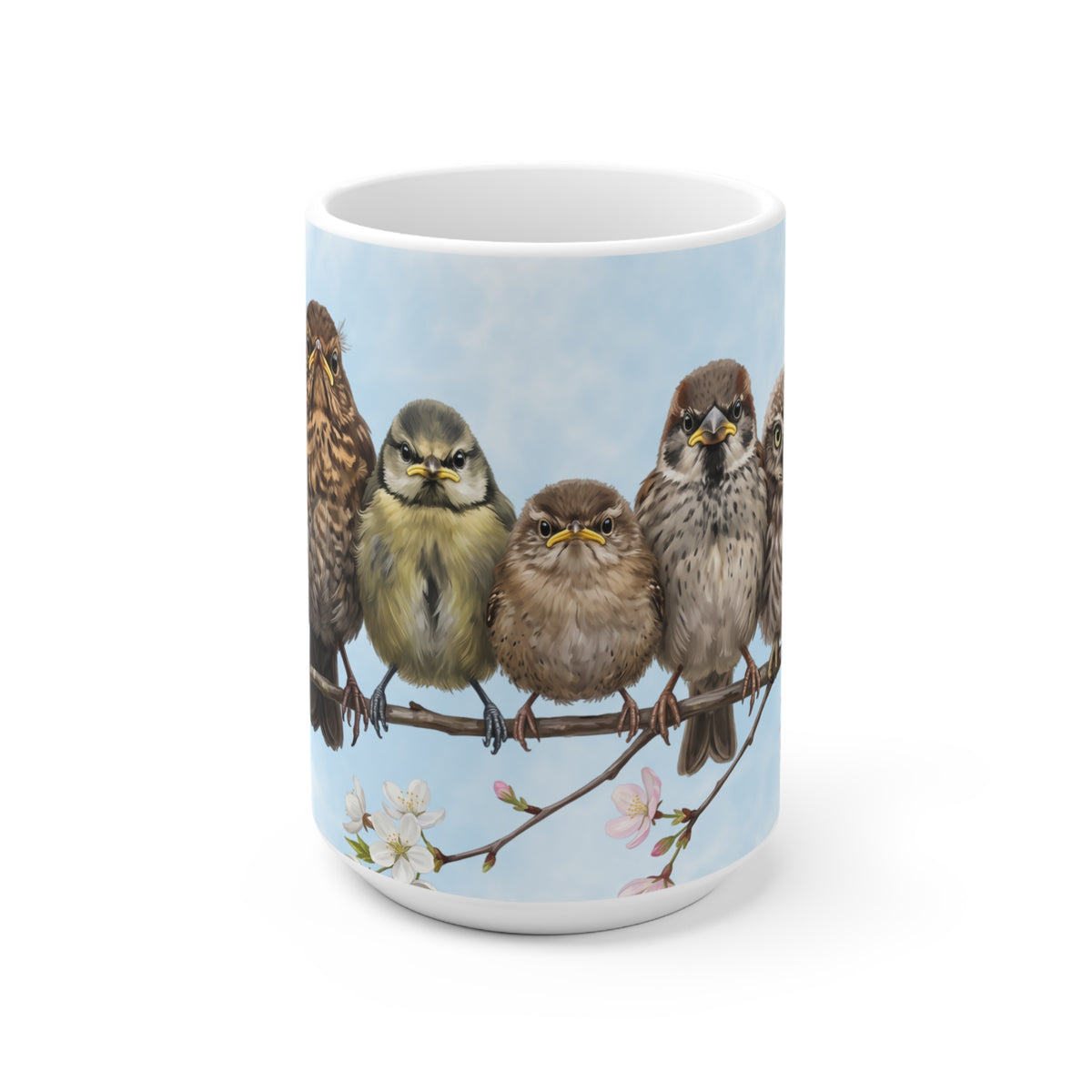 Amsel Rotkehlchen Eule Ästlinge Premium Keramiktasse | Geschenk für Vogelbeobachter