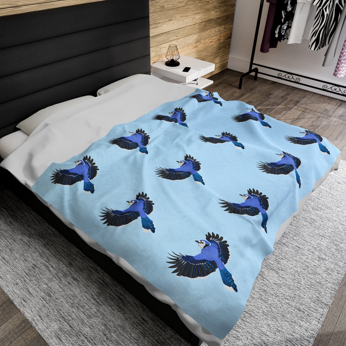 Blue Jay Backyard Bird Velveteen Plush Blanket Blue