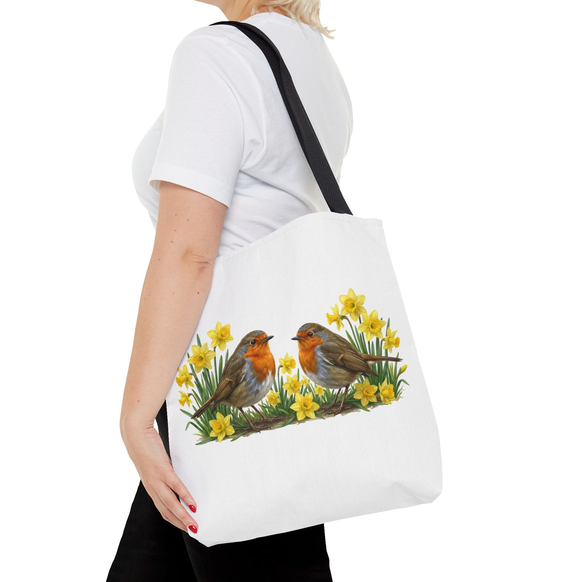 Robuste Einkaufstasche "Frühling": Rotkehlchen in Osterglocken | 40x40cm Shopper