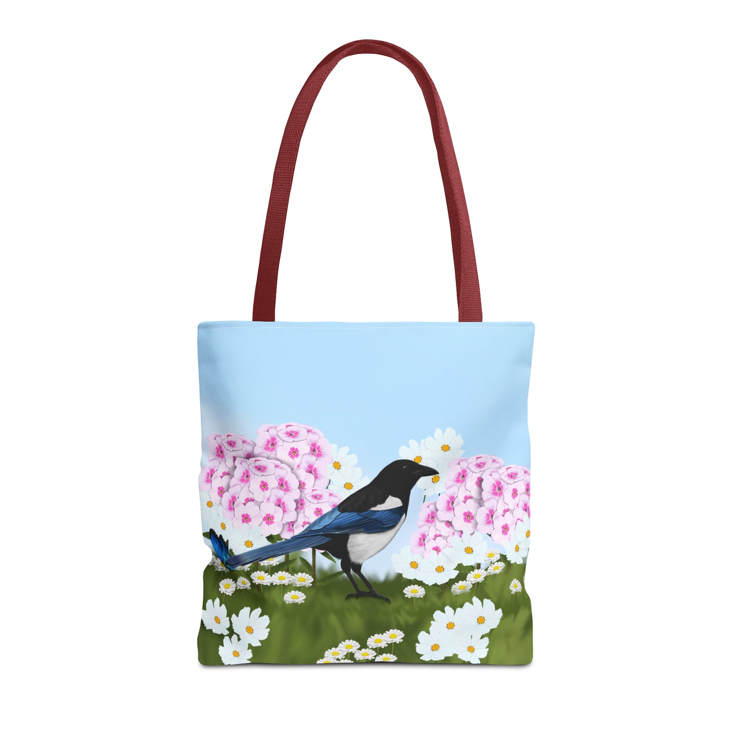 Magpie in Summer Flowers Bird Tote Bag 16"x16" - jz.birds