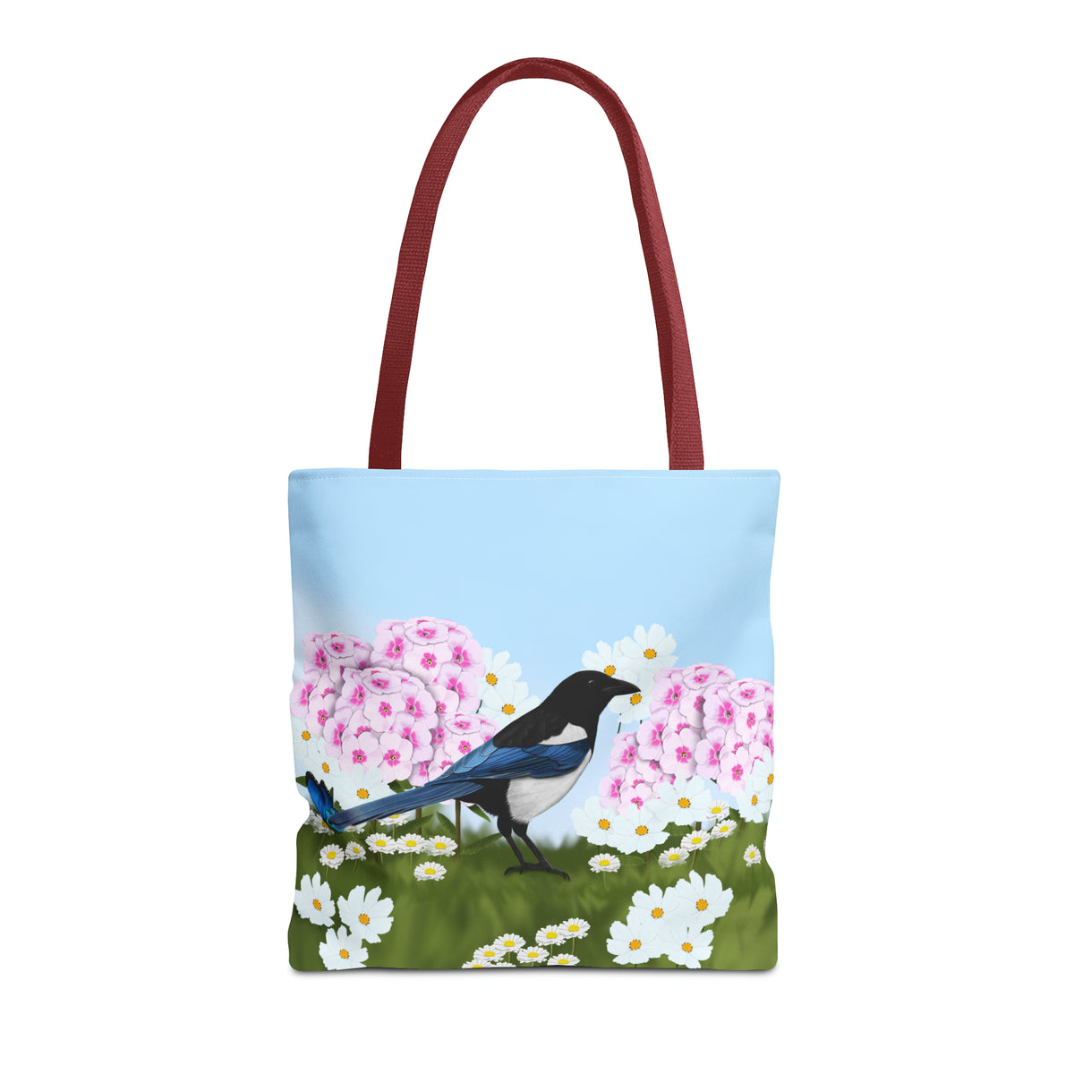 Magpie in Summer Flowers Bird Tote Bag 16"x16" - jz.birds