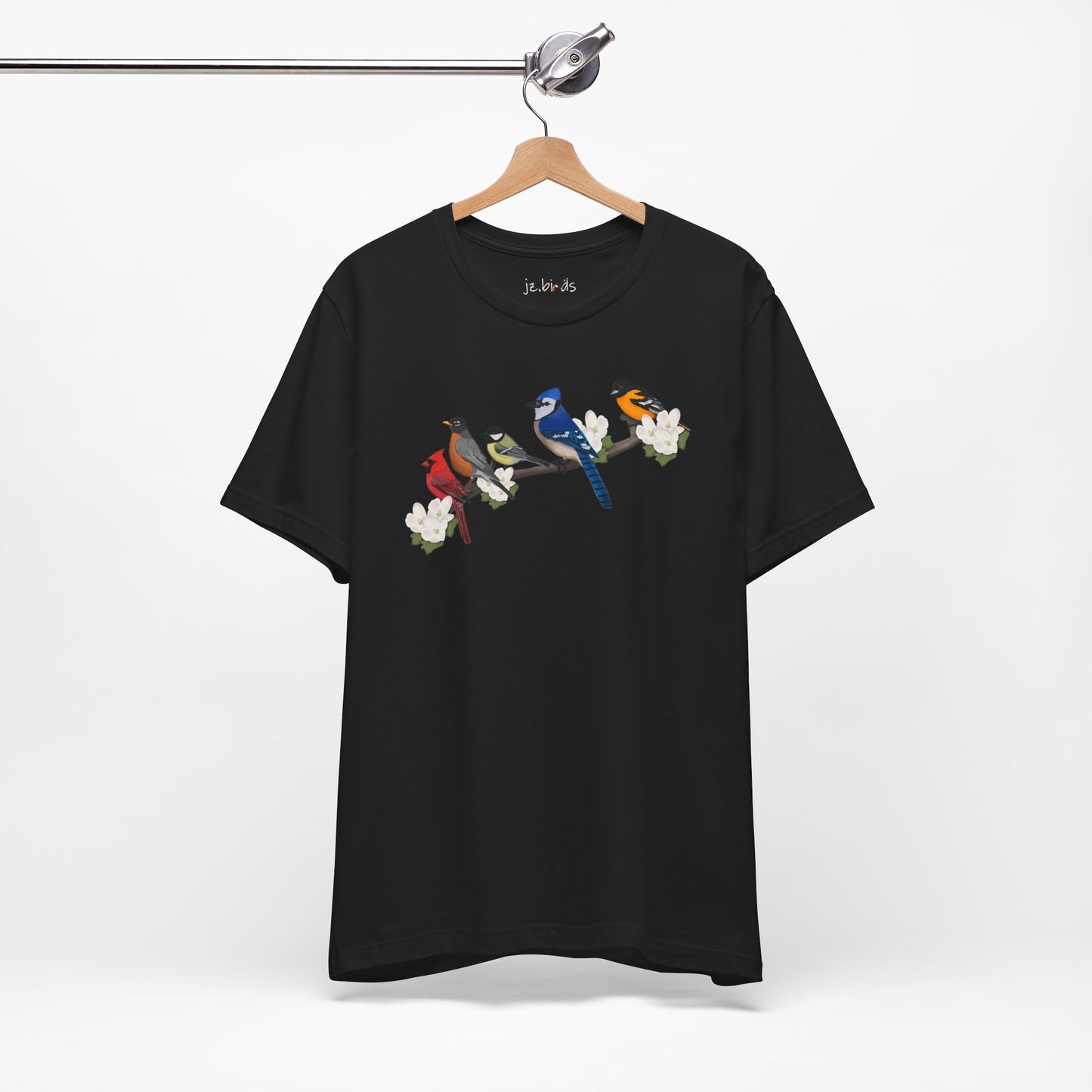 Blue Jay Cardinal Oriole Chickadee Robin on a Branch Garden Birds T-Shirt