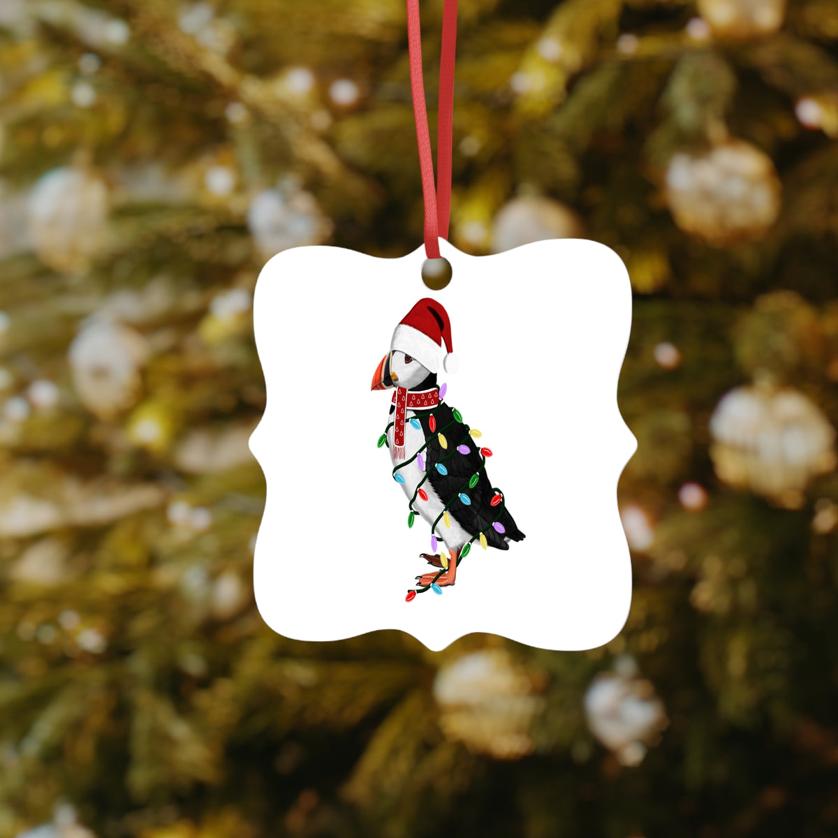 Papageitaucher Ornament aus Aluminium – Einzigartiger Christbaumschmuck mit Rotem Band