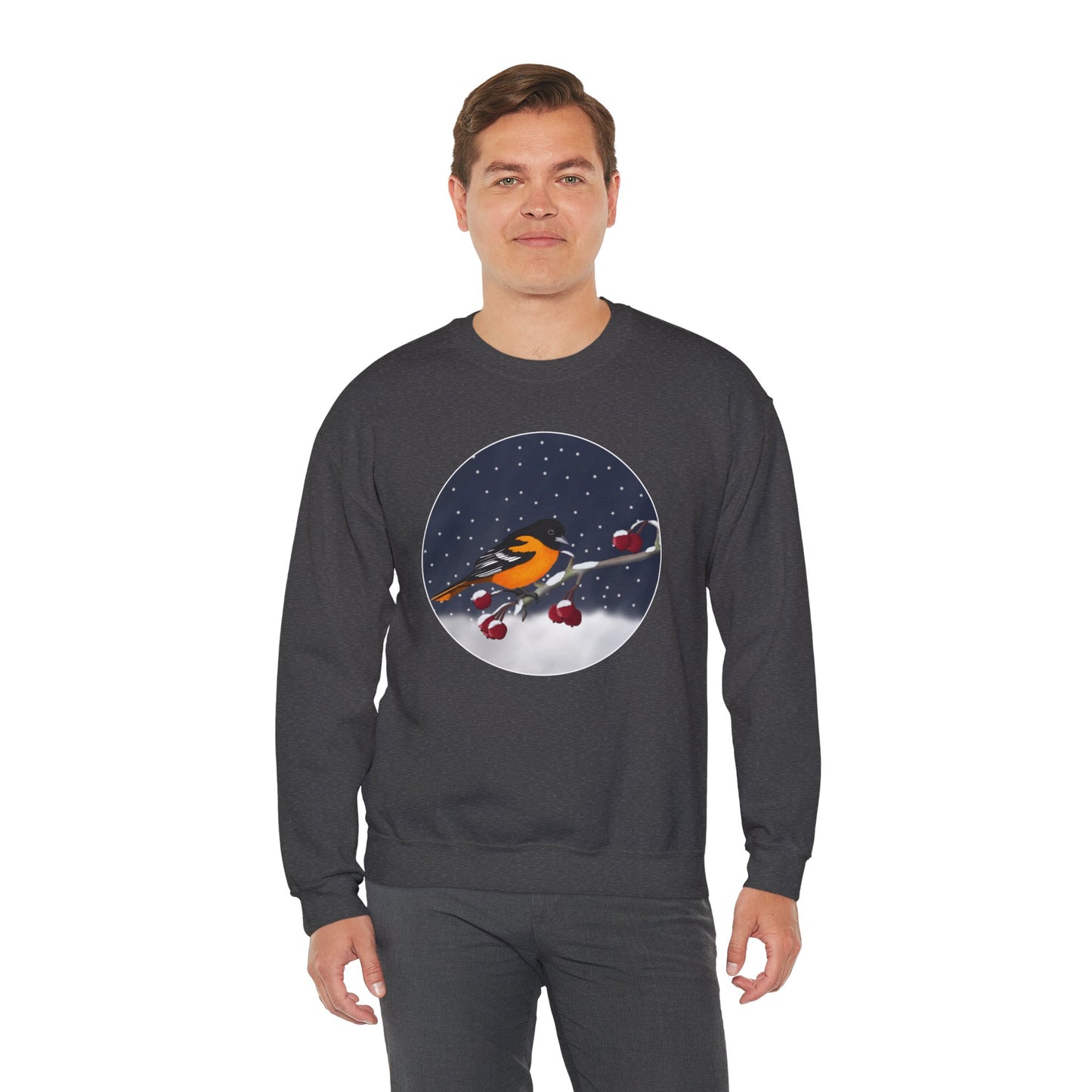Baltimore Oriole on a Winter Branch Birdwatcher Christmas Bird Sweatshirt