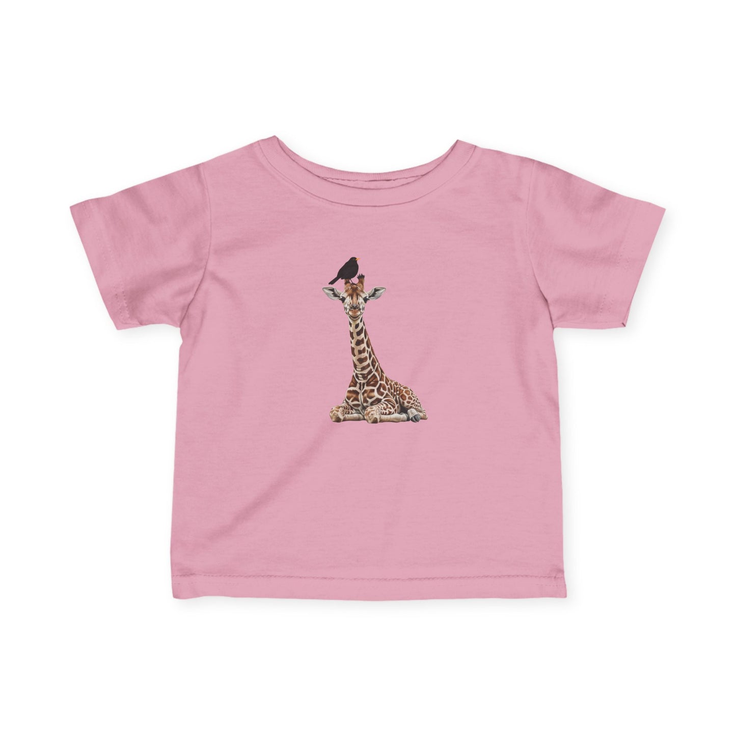 Süße Baby Giraffe mit Amsel Vogel Tiermotiv T-Shirt für Babys und Kleinkinder