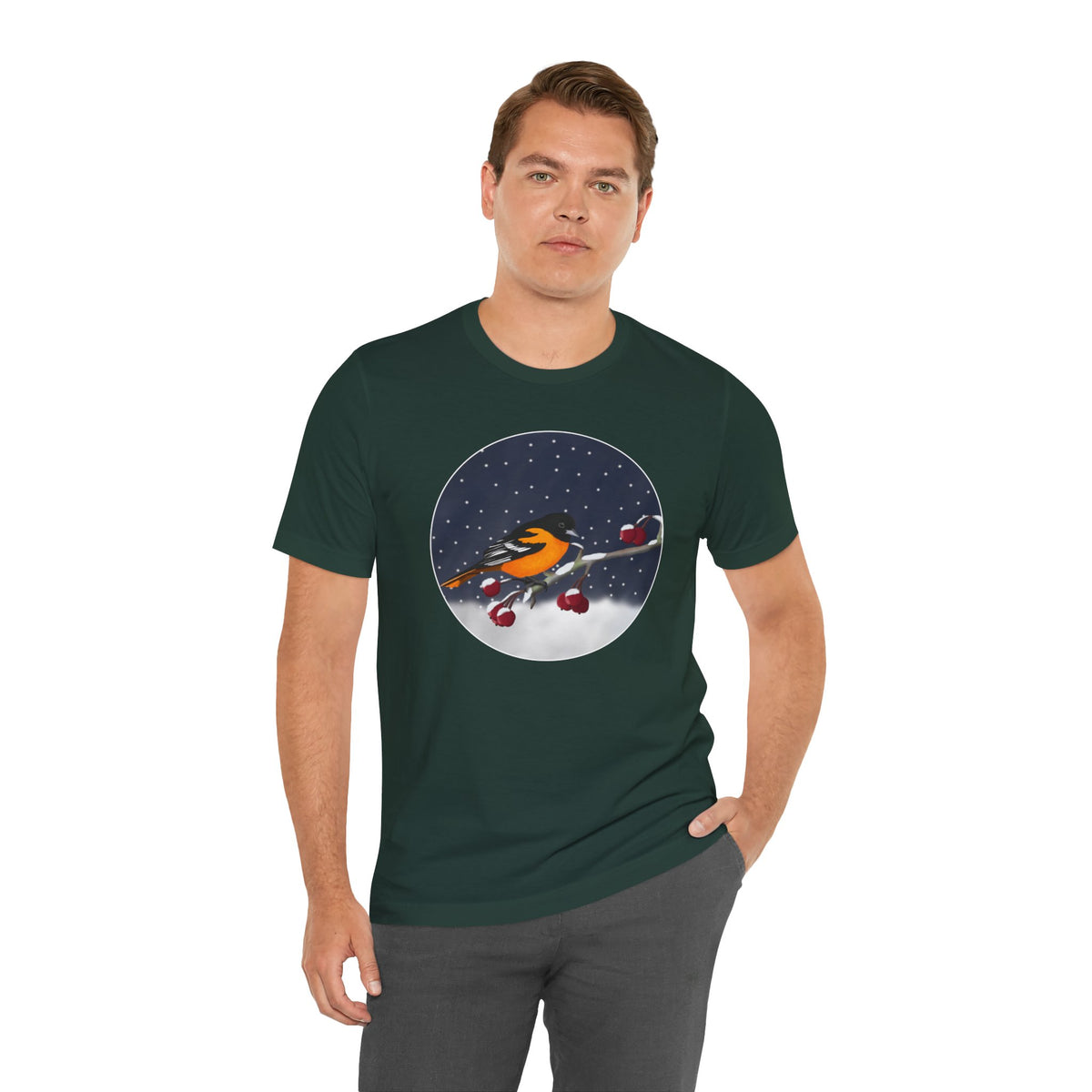 Baltimore Oriole on a Winter Branch Birdwatcher Christmas Bird T-Shirt