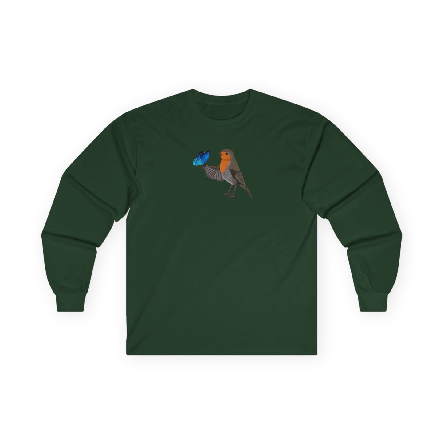 Robin with Butterfly Birding & Birdwatching Bird Cotton Long Sleeve T-Shirt