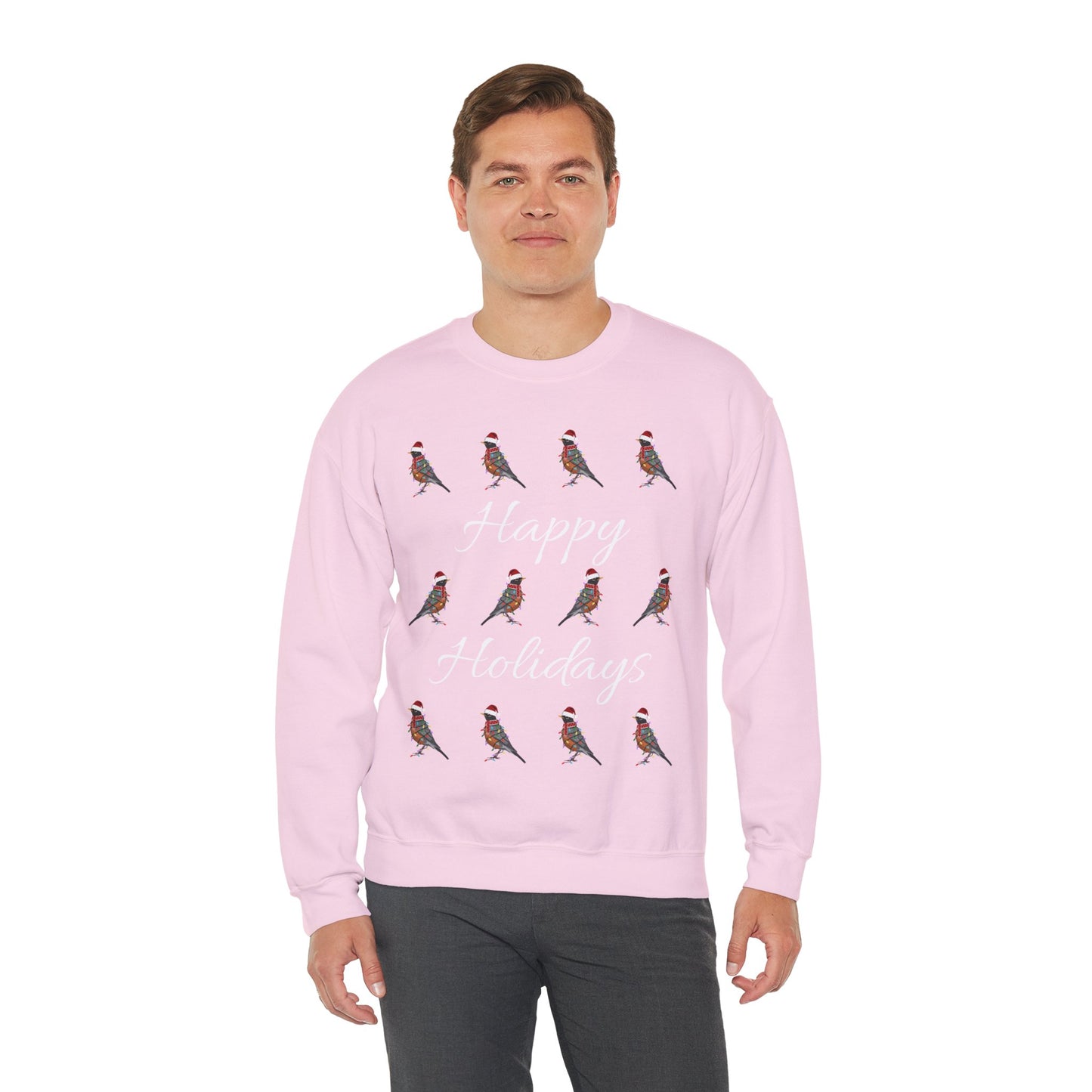 American Robin as Santa with Hat Scarf and Fairy Lights Happy Holidays Birdwatcher Christmas Bird Sweatshirt