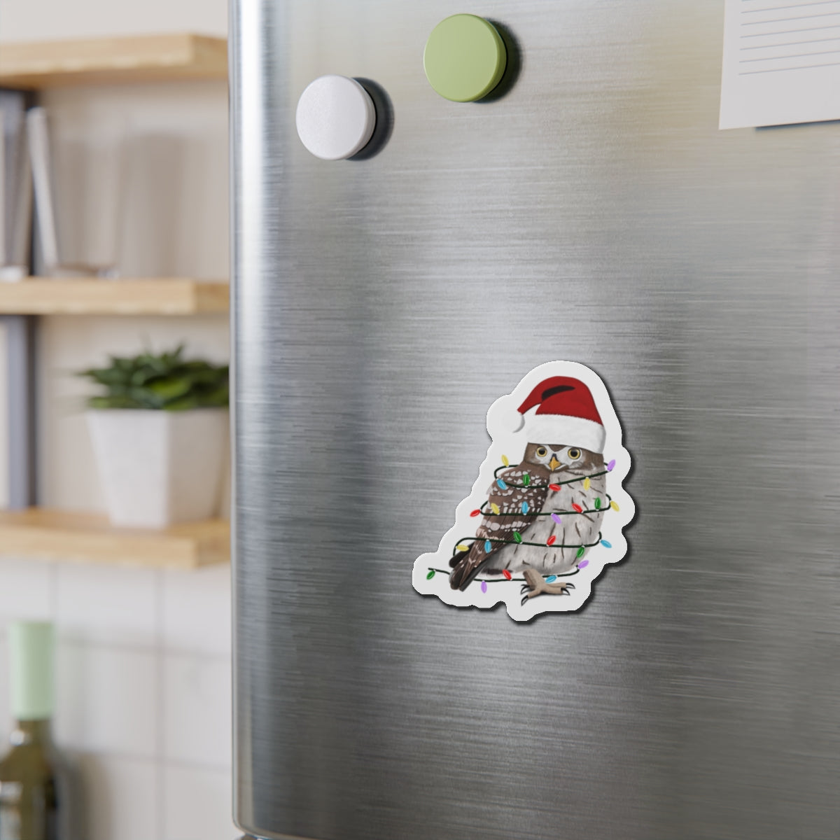 Owl with Fairy Lights and Scarf Christmas Bird Magnet