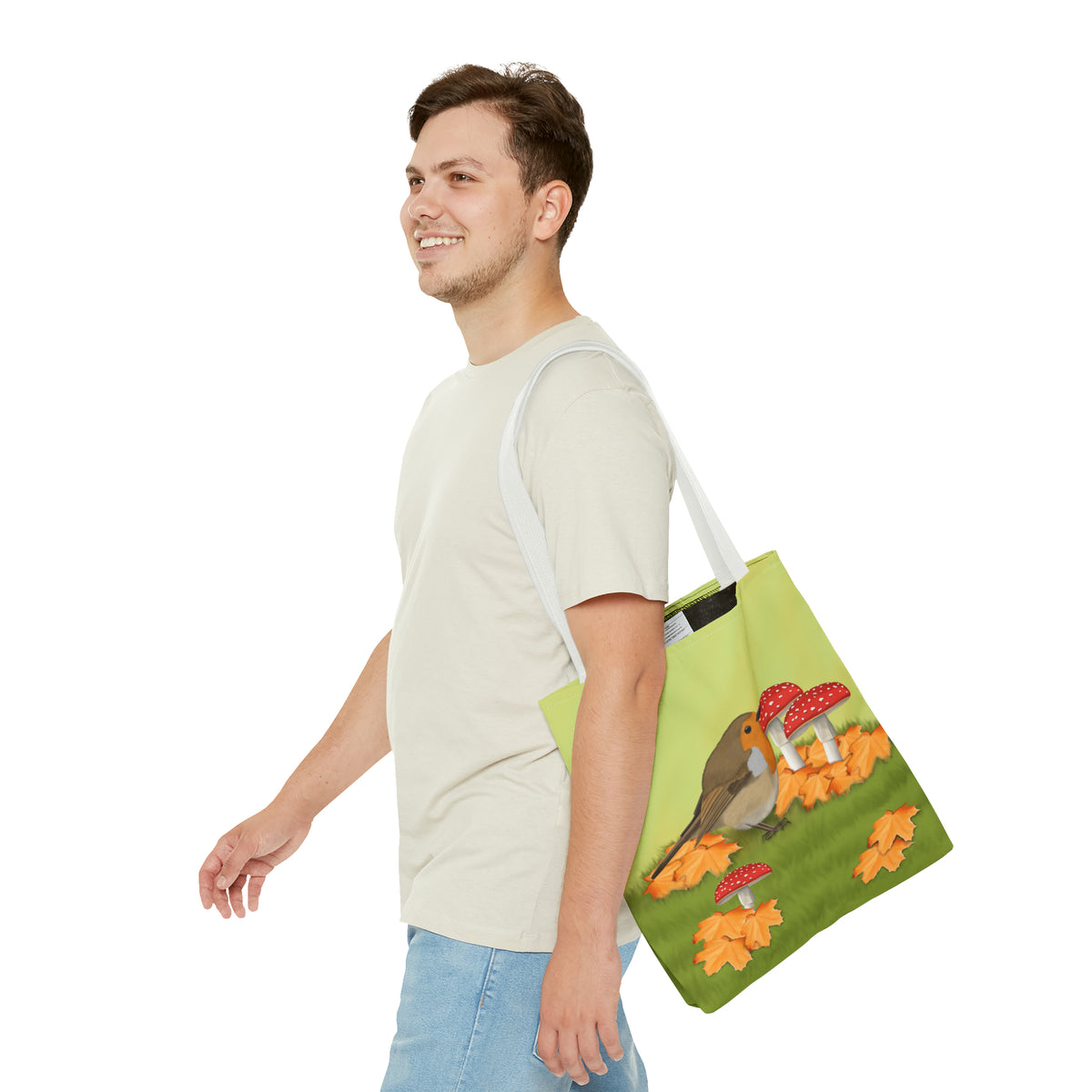 Robin in Fall Leafs Toadstool Bird Tote Bag 16"x16" - jz.birds