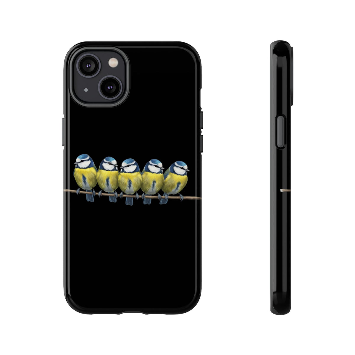 Funda premium para móvil de carbonero azul en una rama – Doble protección e impresión integral, negra