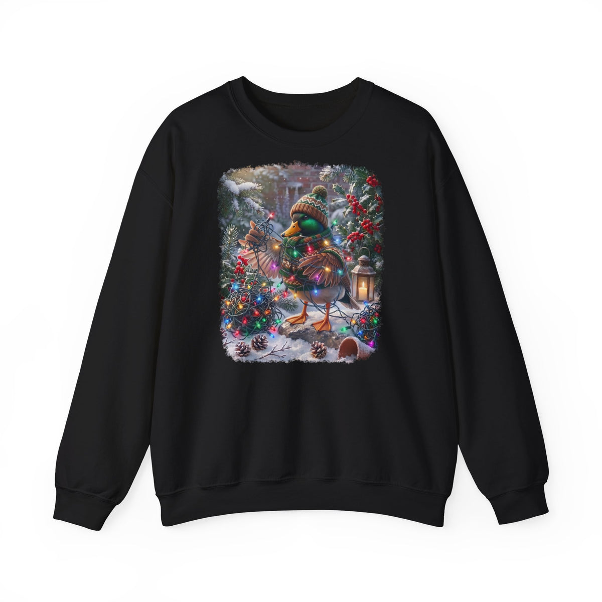 Sweat-shirt haut de gamme avec canard et guirlande lumineuse dans un jardin hivernal pour les amoureux des oiseaux
