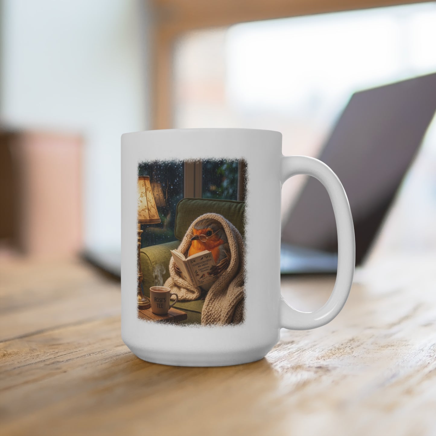 Gemütliche Rotkehlchen Kaffeetasse mit Lese-Motiv | Süße Keramiktasse für Buchliebhaber & Cozy Vibes