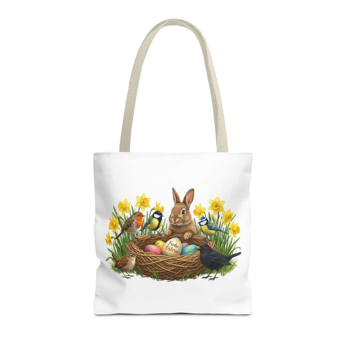Robuste Einkaufstasche Frühling: Kaninchen, Amsel, Rotkehlchen & Meisen am Osternest | 40x40cm Shopper