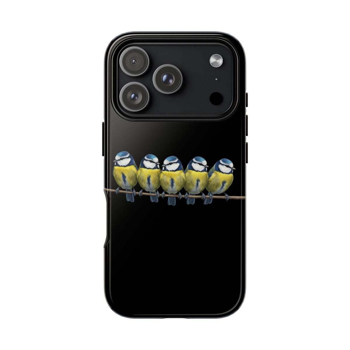 Funda premium para móvil de carbonero azul en una rama – Doble protección e impresión integral, negra