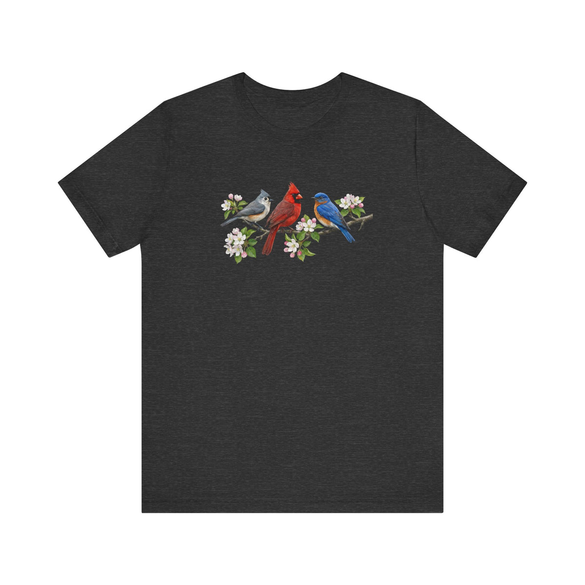 Tufted Titmouse, Bluebird and Cardinal T-Shirt – apple blossoms bird lover style