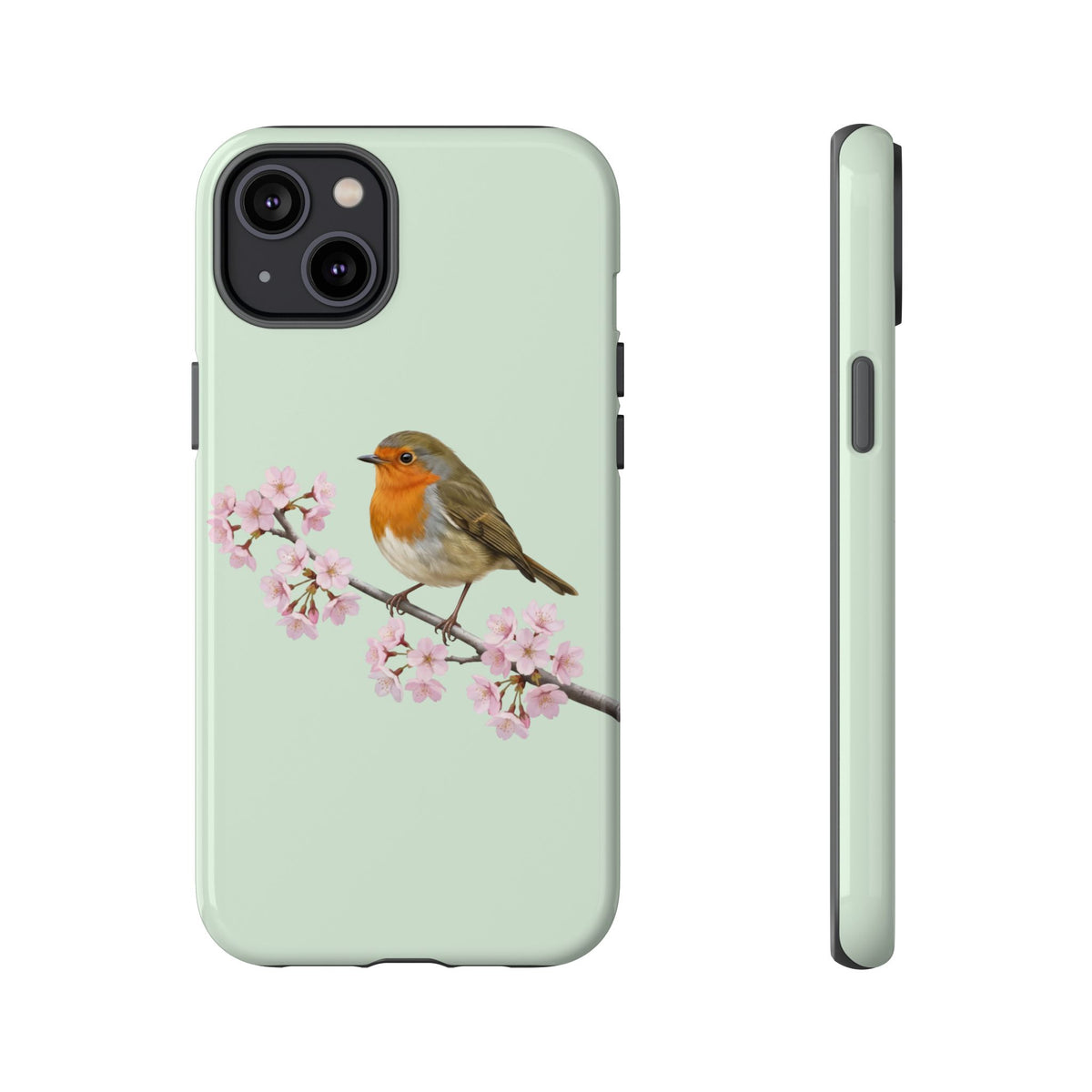 Coque de téléphone Robin vert sauge | Motif floral avec fleurs de cerisier et oiseau pour iPhone et Google Pixel