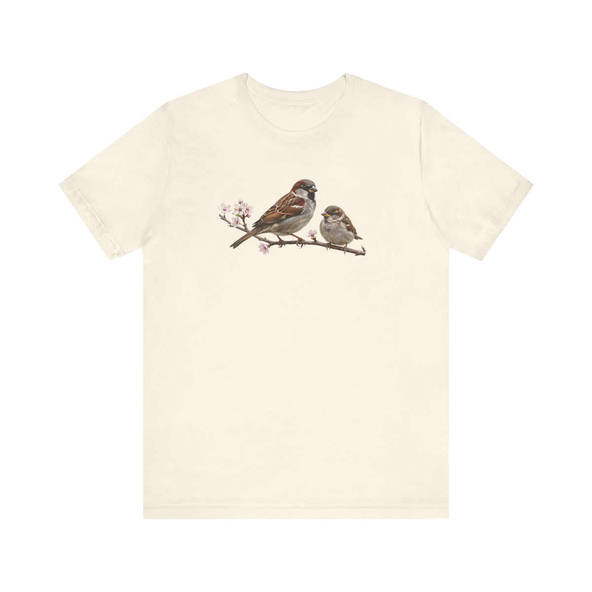 Tree Sparrow & Fledgling T-Shirt | Spring Blossoms Unisex Graphic Tee