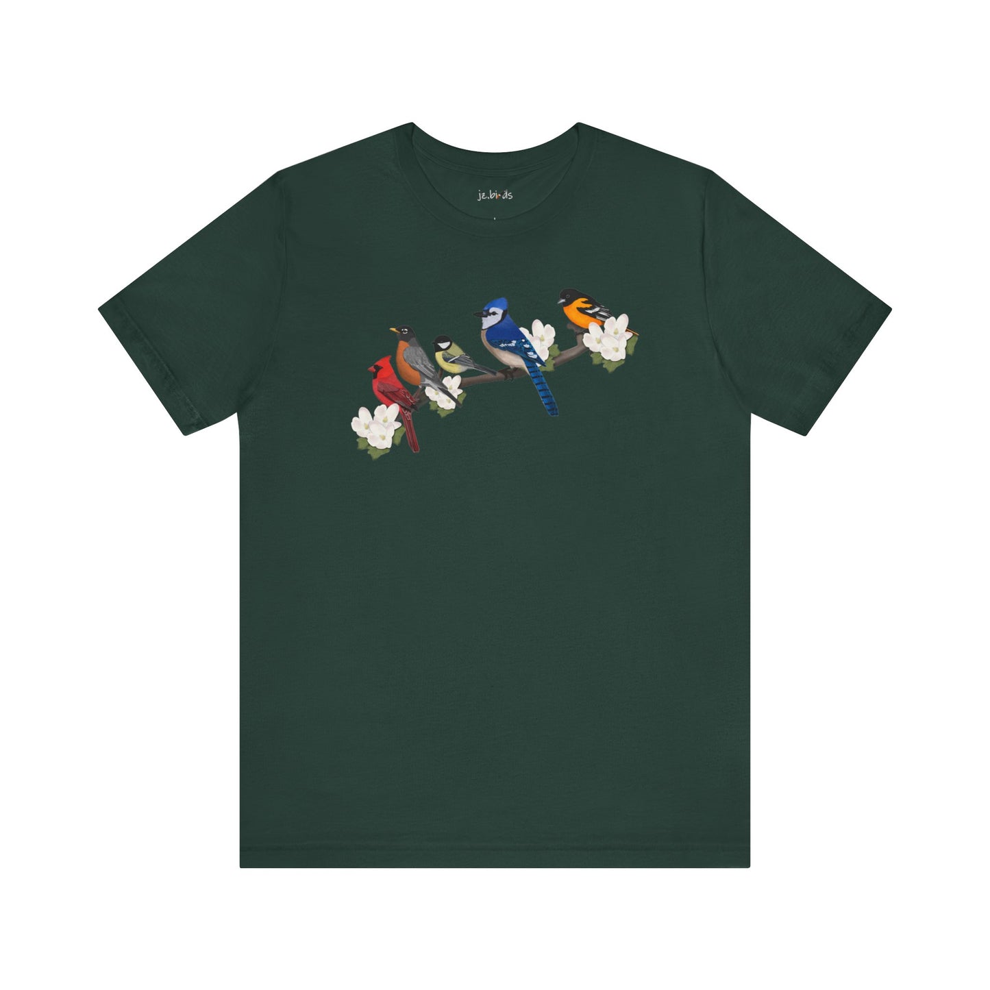 Blue Jay Cardinal Oriole Chickadee Robin on a Branch Garden Birds T-Shirt