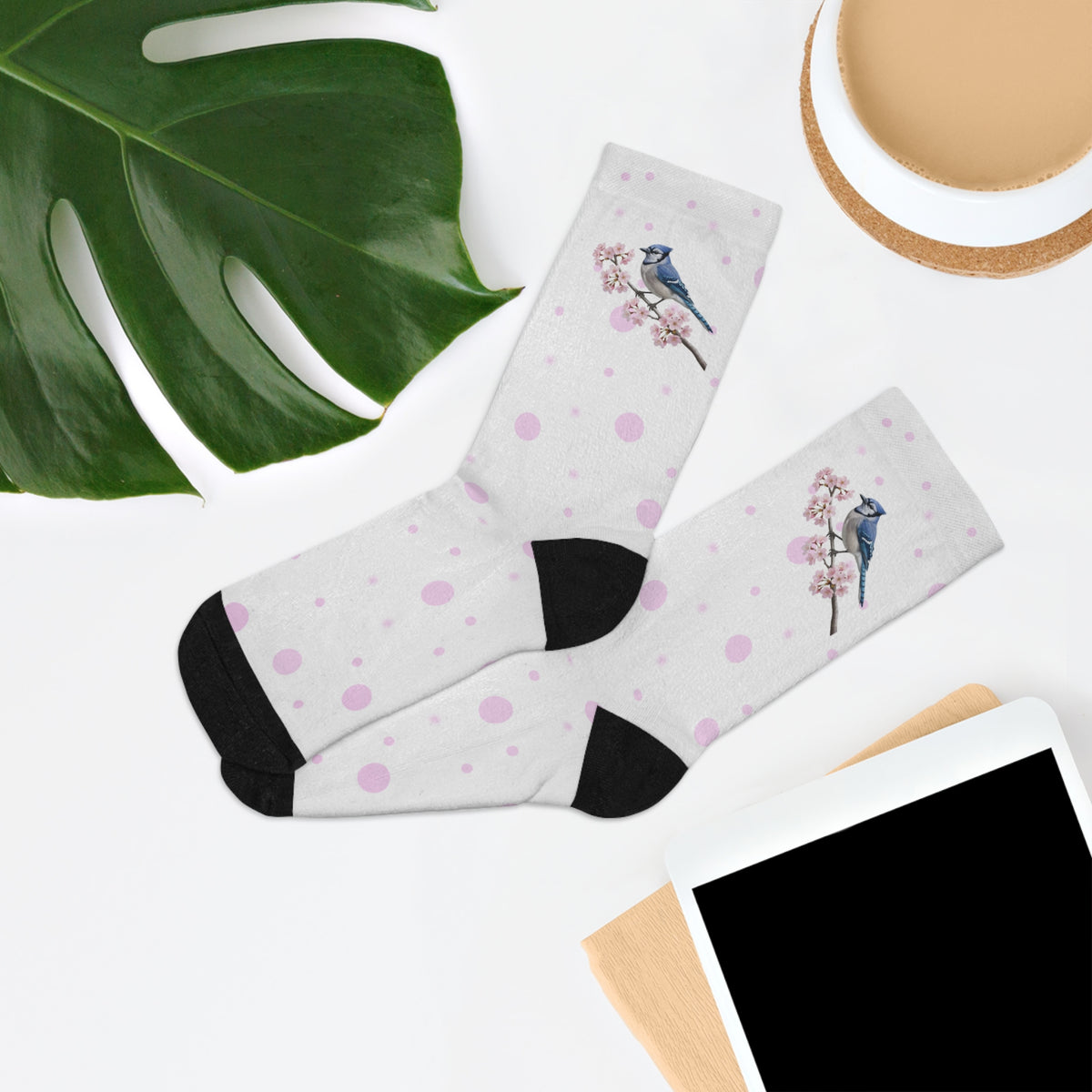 Blue Jay Socks – Cherry Blossom White | Floral Birdwatching Gift