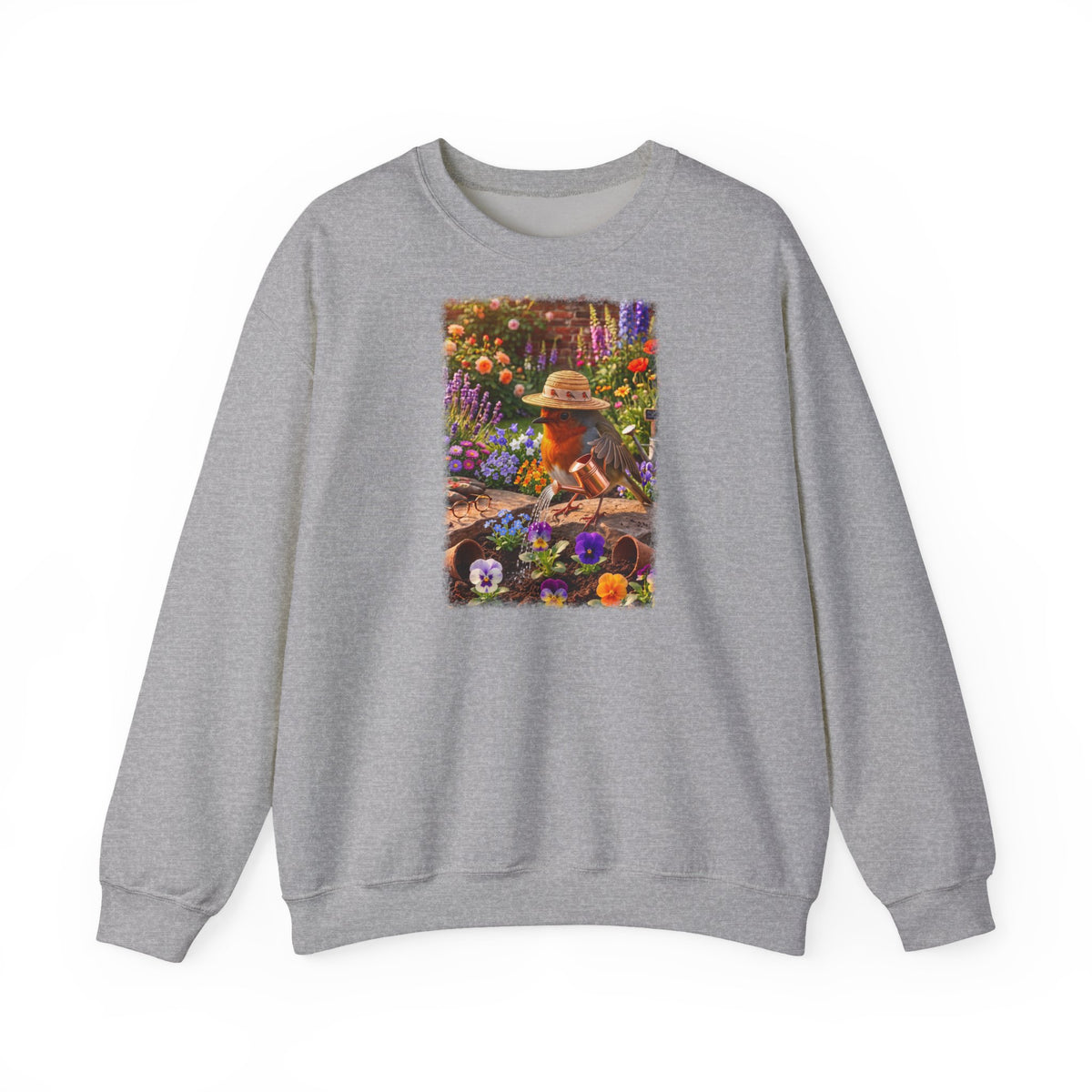 Niedliches Rotkehlchen Sweatshirt beim Blumen gießen | Gemütlicher Garten-Pullover