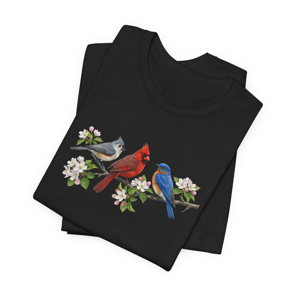 Tufted Titmouse, Bluebird and Cardinal T-Shirt – apple blossoms bird lover style