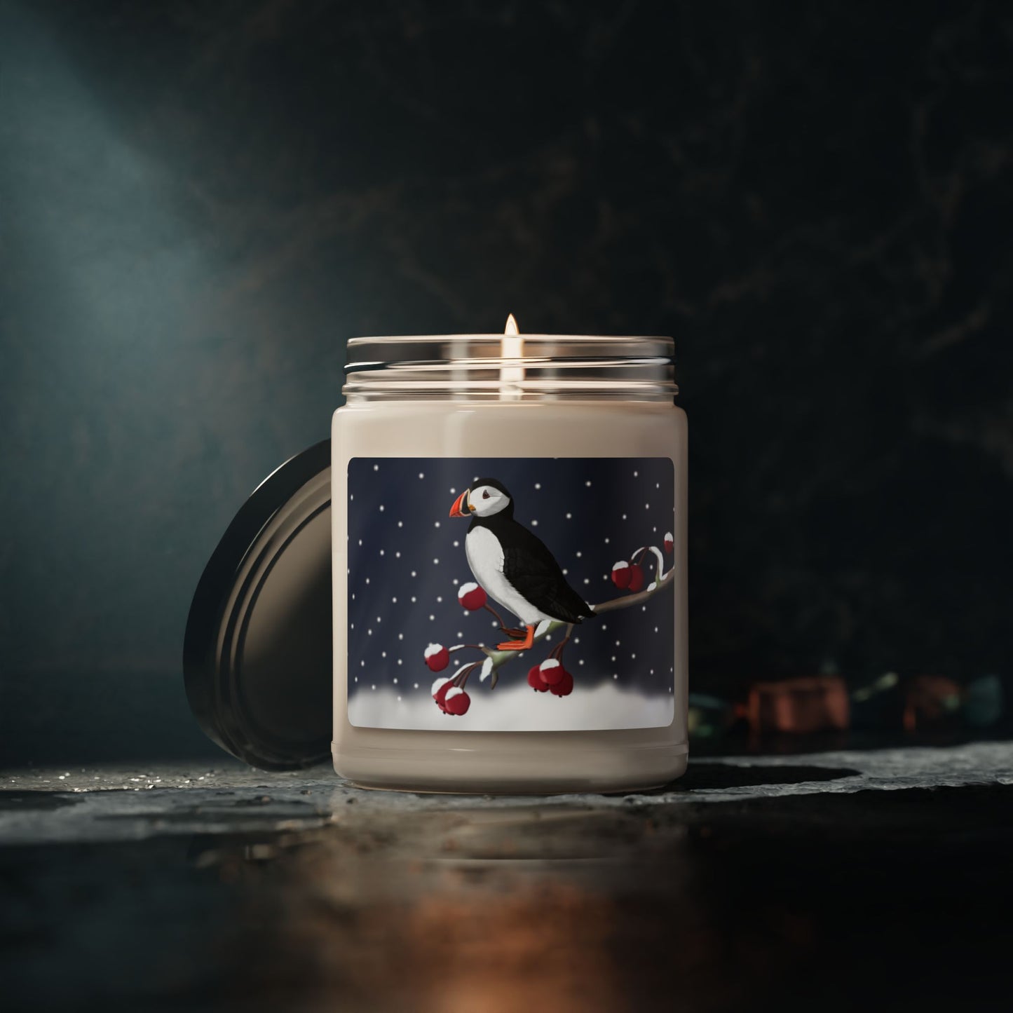 Puffin on a Winter Branch Christmas Bird Art Scented Soy Candle, 9oz
