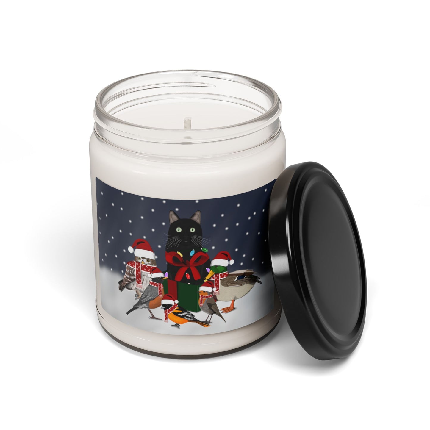 Robin Oriole Mallard Owl with Cat Christmas Bird Art Scented Soy Candle, 9oz