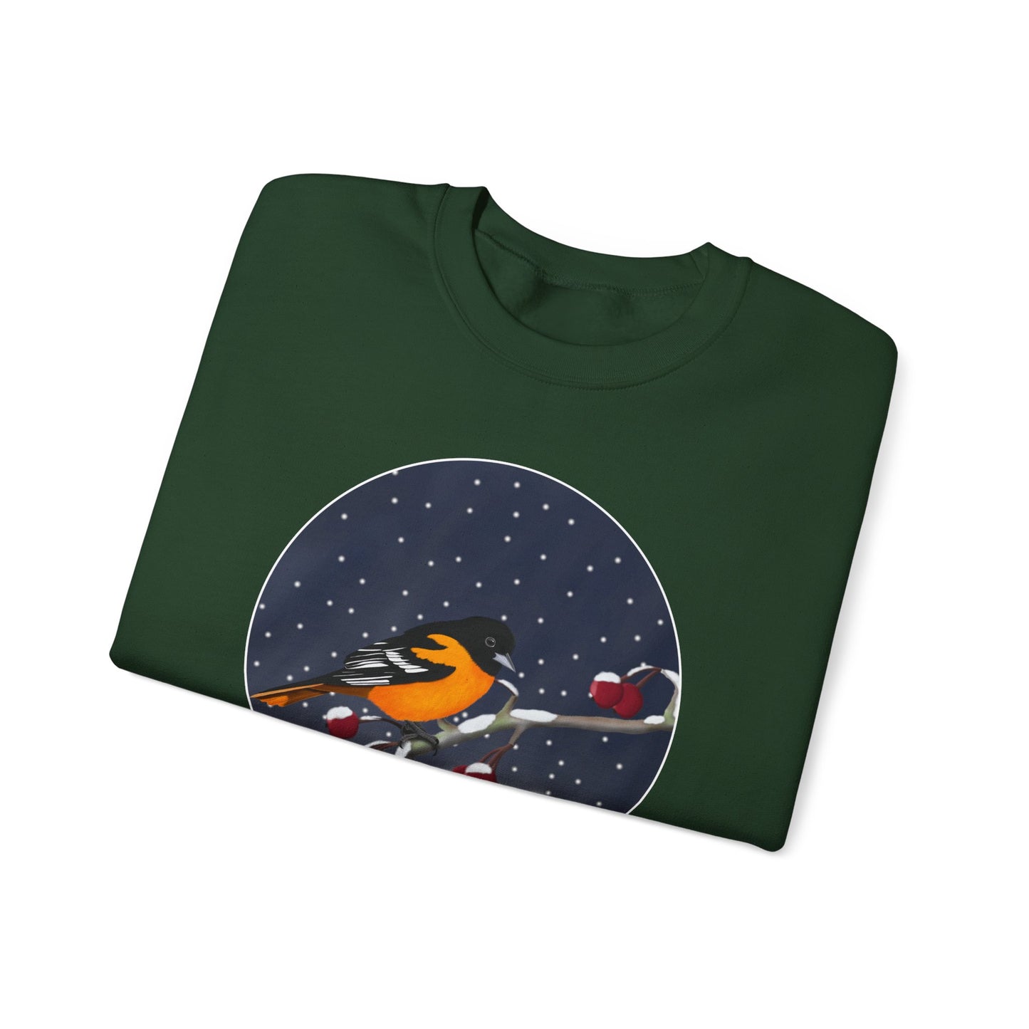 Baltimore Oriole on a Winter Branch Birdwatcher Christmas Bird Sweatshirt