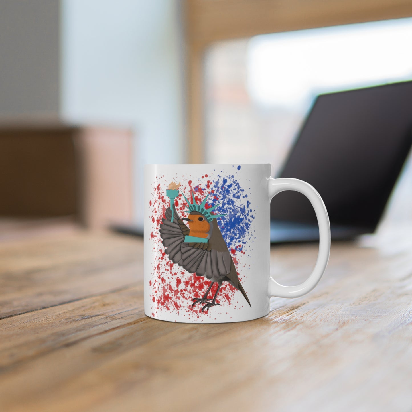 Robin 4th of July Independence Day Statue of Liberty Bird Ceramic Mug 11oz White