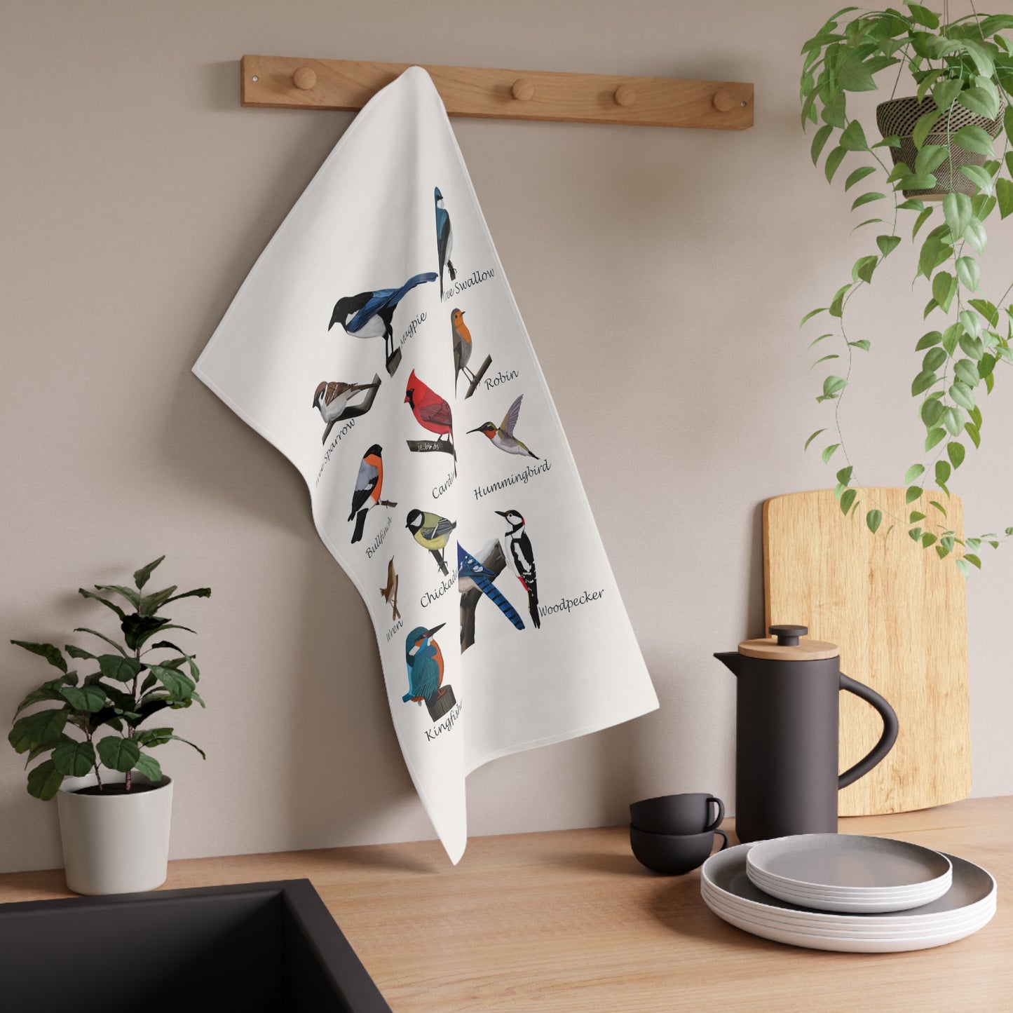 Backyard Birds Blue Jay Cardinal Hummingbird Bird Art Kitchen Towel White 18" × 30"