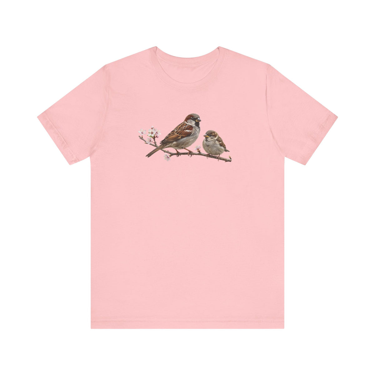 Tree Sparrow & Fledgling T-Shirt | Spring Blossoms Unisex Graphic Tee