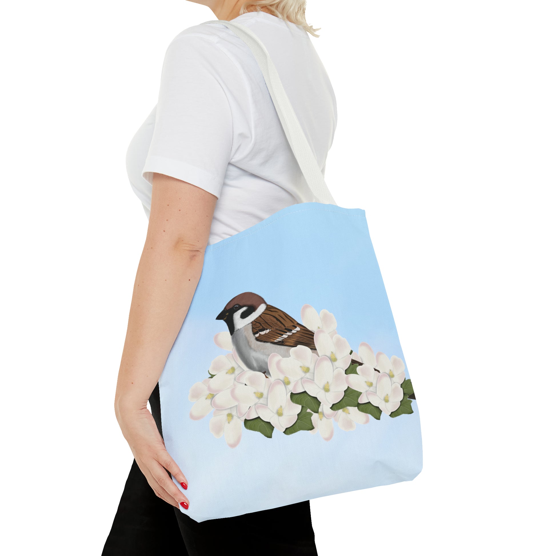 Tree Sparrow in Spring Blossoms Bird Tote Bag 16"x16" - jz.birds