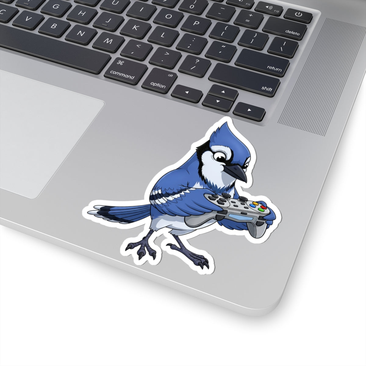 Blue Jay Playing Video Games Kiss-Cut Sticker for Bird Watchers and Gaming Lovers