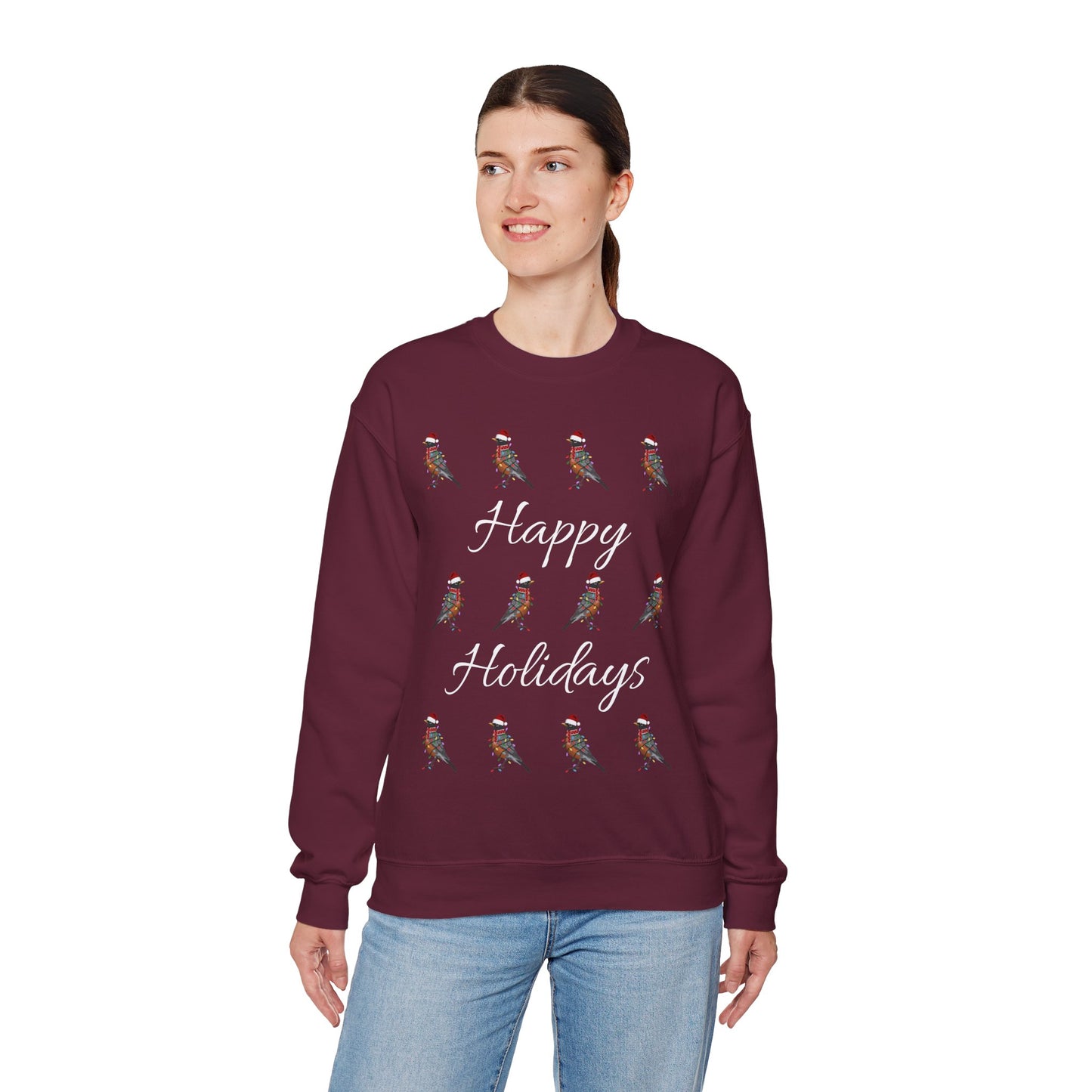 American Robin as Santa with Hat Scarf and Fairy Lights Happy Holidays Birdwatcher Christmas Bird Sweatshirt