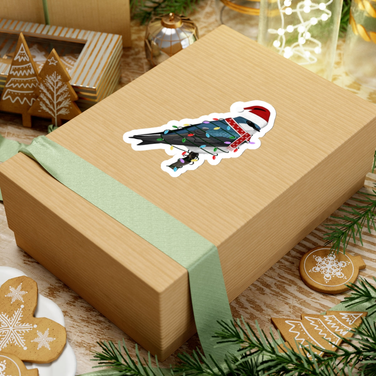 Tree Swallow with Fairy Lights Santa Claus Hat and Scarf Christmas Bird Sticker – Paper products