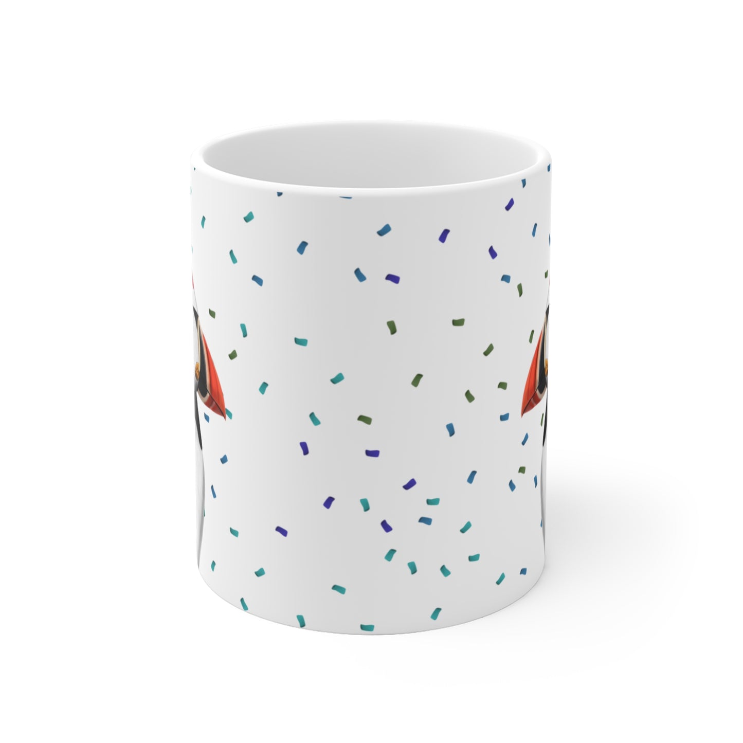 Papageitaucher feiert Geburtstag mit Partyhut und Konfetti Vogel Tasse