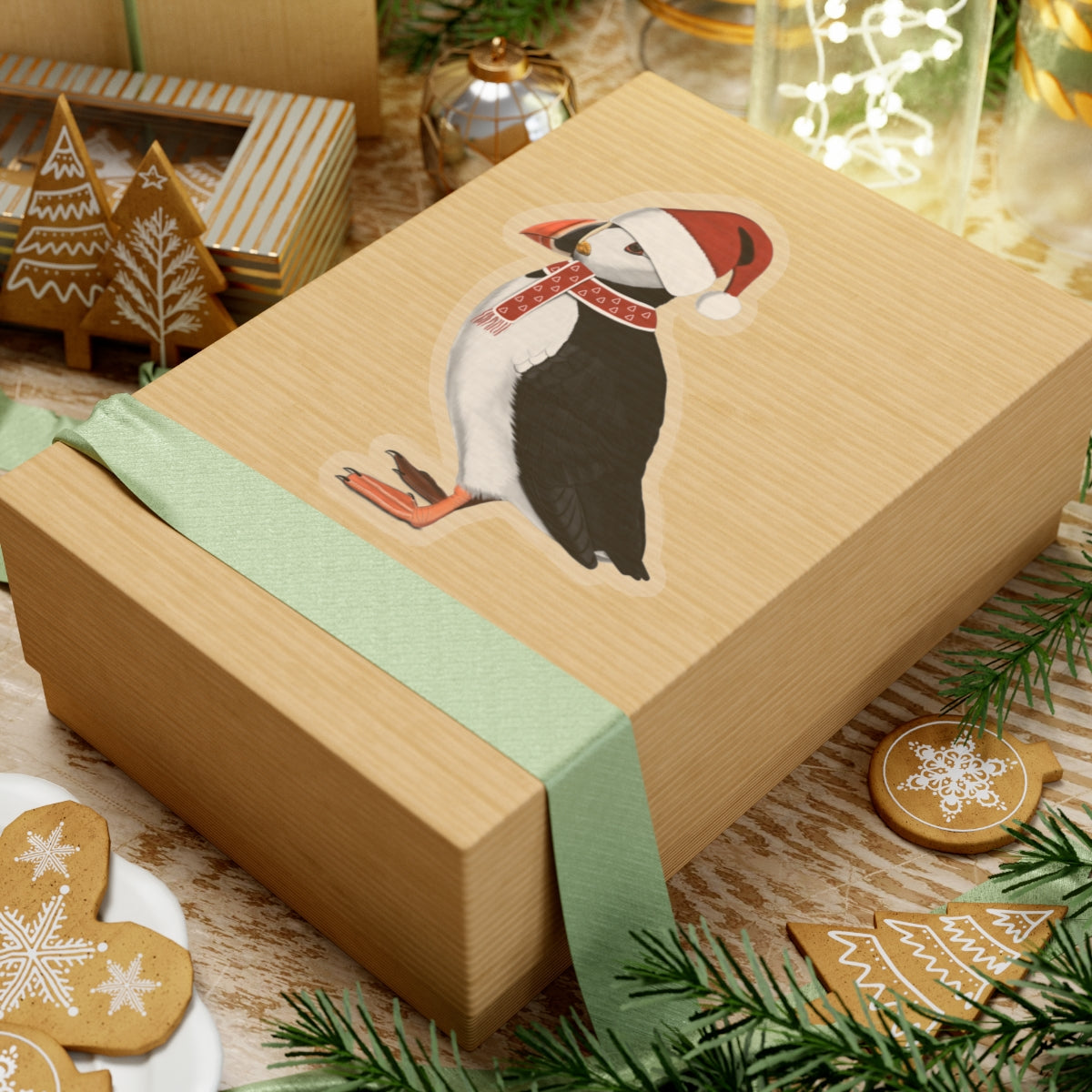 Puffin with Santa Claus Hat and Scarf Christmas Bird Sticker