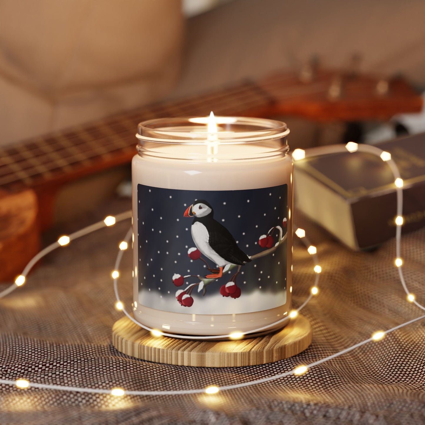 Puffin on a Winter Branch Christmas Bird Art Scented Soy Candle, 9oz