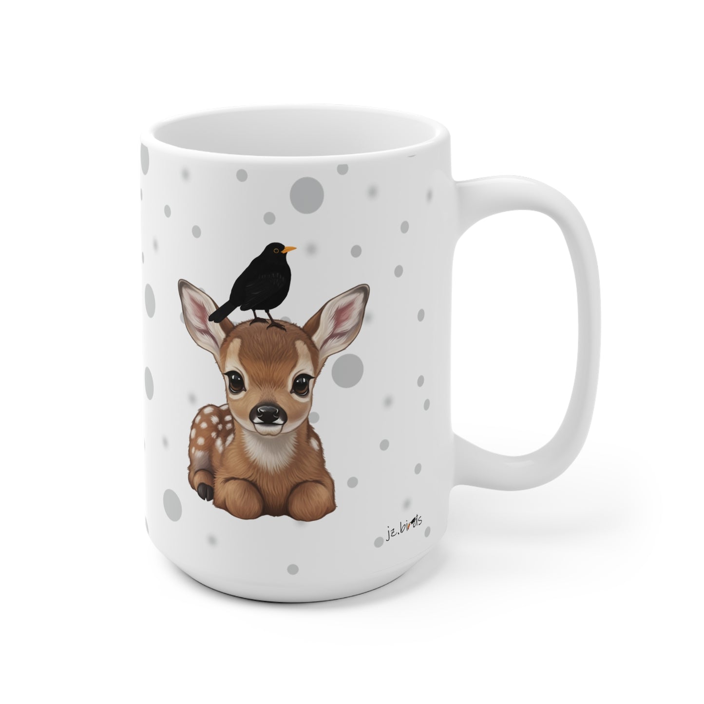 Rehkitz Tasse mit Amsel Tiermotiv Punkte Grau
