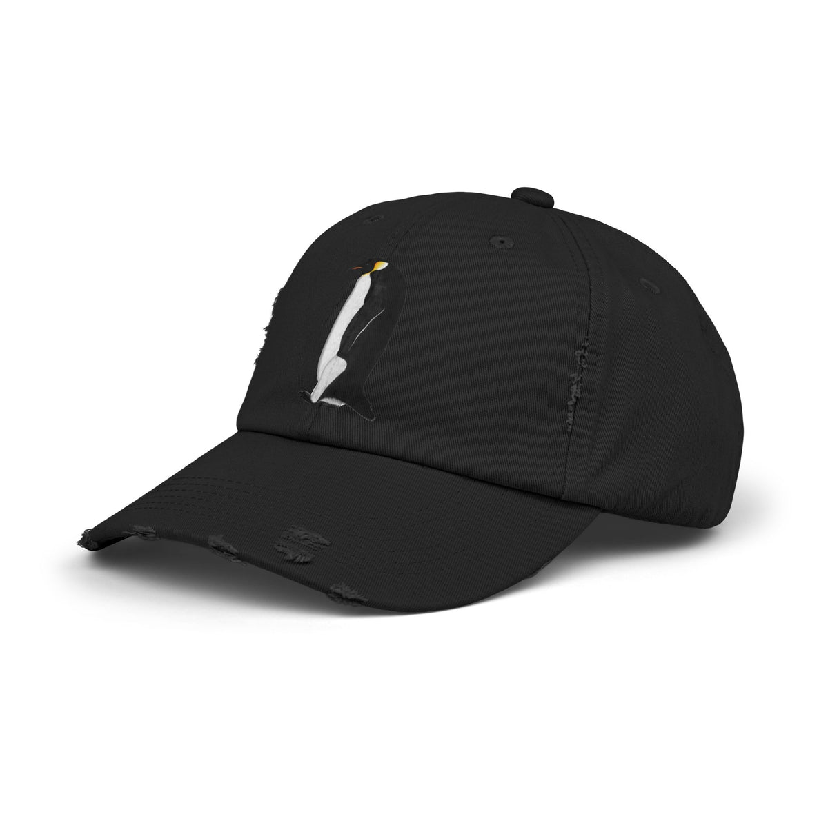 Penguin Bird Art Distressed Cap Hats in Black