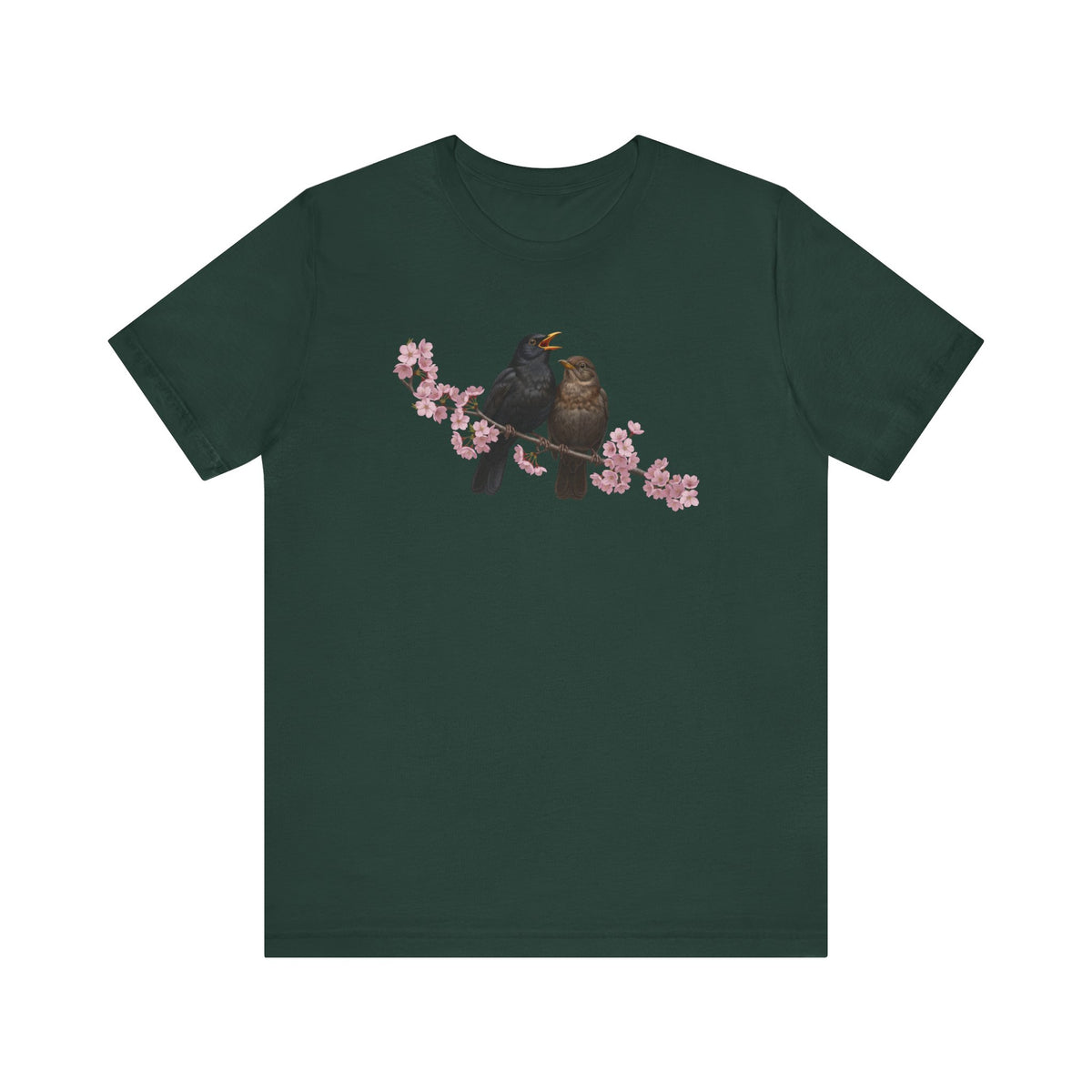 Dark green t-shirt with a bird and cherry blossom design on a white background