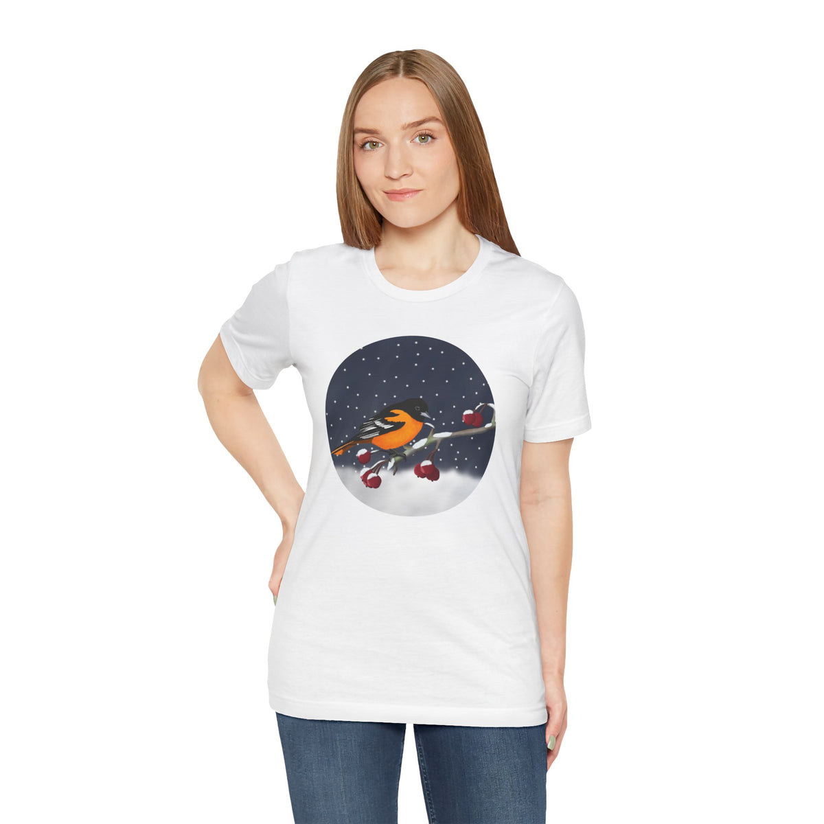 Baltimore Oriole on a Winter Branch Birdwatcher Christmas Bird T-Shirt