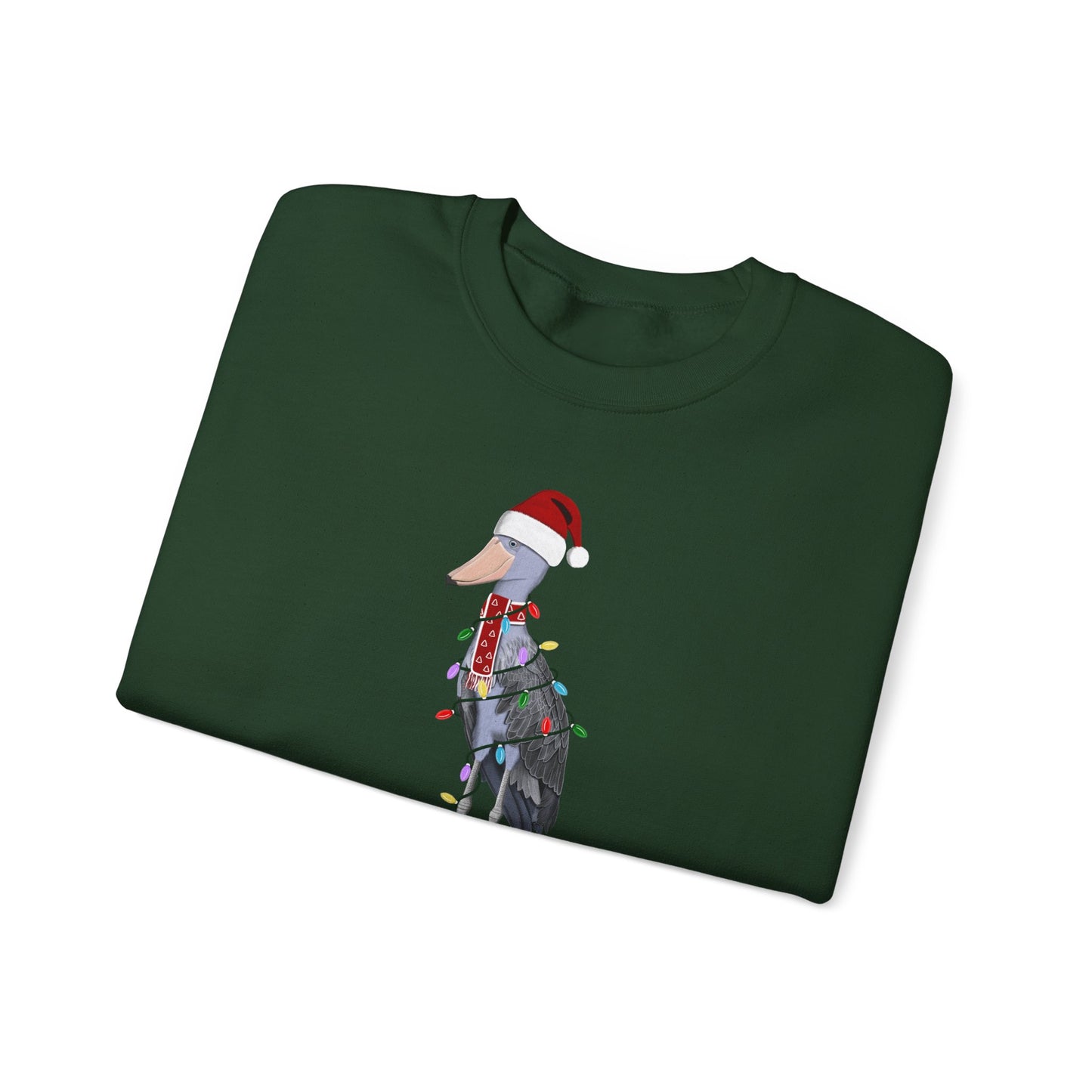 サンタクロースの姿でフェアリーライトをつけたハシビロコウのハッピーホリデーバードウォッチャークリスマスバードスウェットシャツ