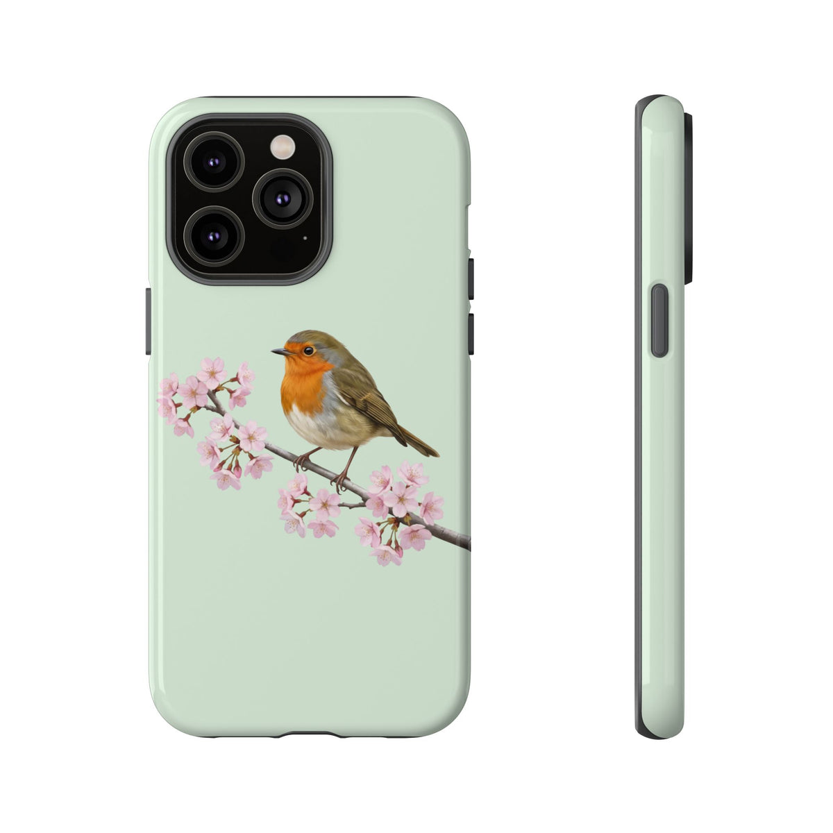Coque de téléphone Robin vert sauge | Motif floral avec fleurs de cerisier et oiseau pour iPhone et Google Pixel