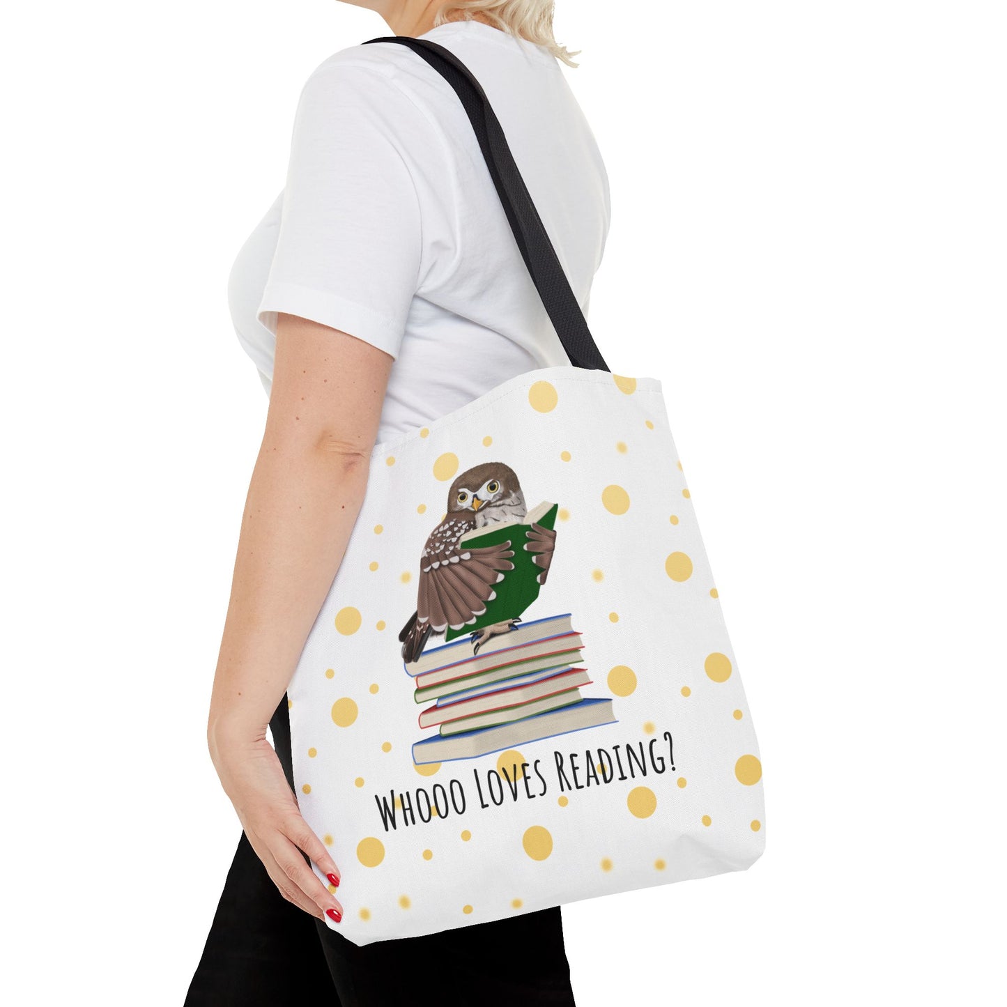 Whooo Loves Reading Owl Teacher Tote Bag – Gold Polka Dot Librarian Aesthetic