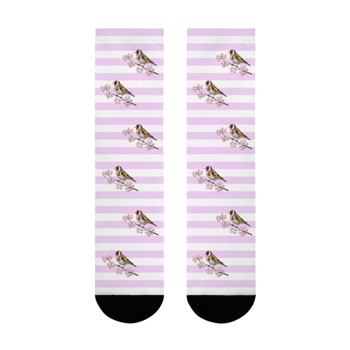 Stieglitz Socken mit Kirschblüten | Weiß Rosa gestreifte Vogelmotiv Strümpfe – Accessories,