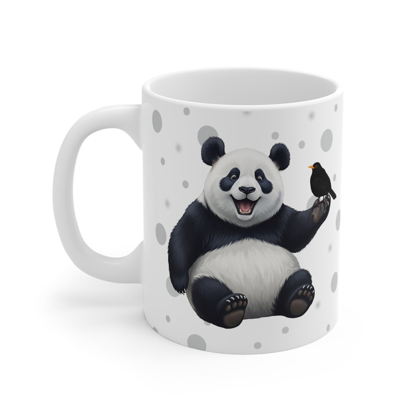 Amsel mit einem fröhlichen Panda Vogel Tiermotiv Tasse Punkte Grau