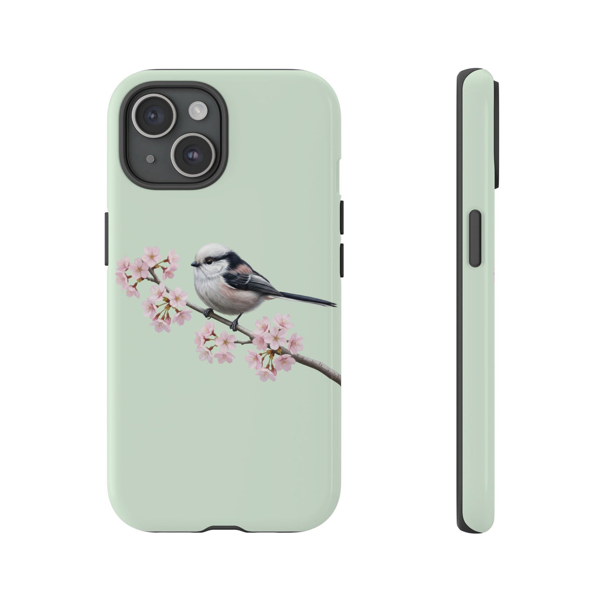 Funda para móvil de carbonero común en verde salvia | Motivo floral de pájaro y flores de cerezo para iPhone y Google Pixel