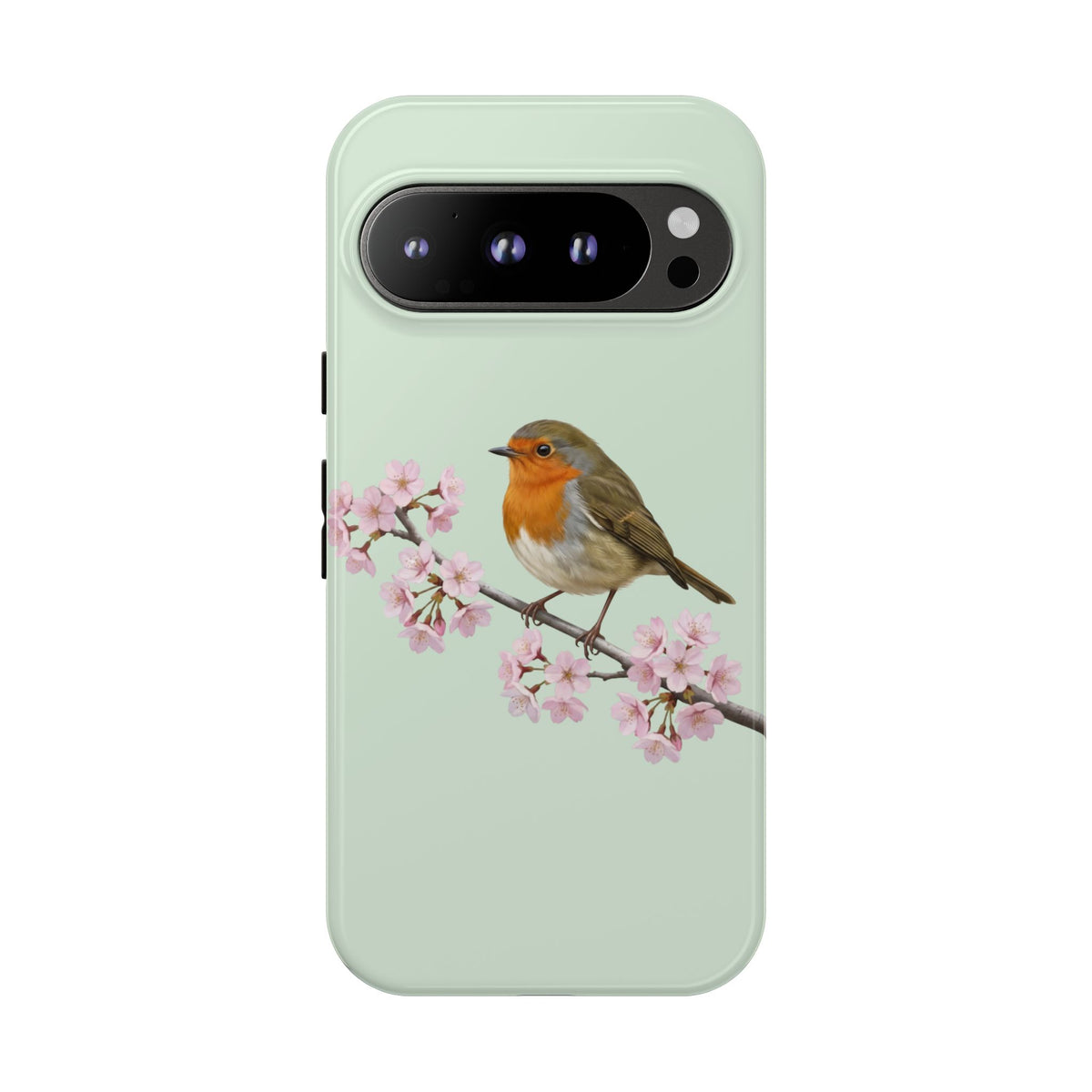 Coque de téléphone Robin vert sauge | Motif floral avec fleurs de cerisier et oiseau pour iPhone et Google Pixel